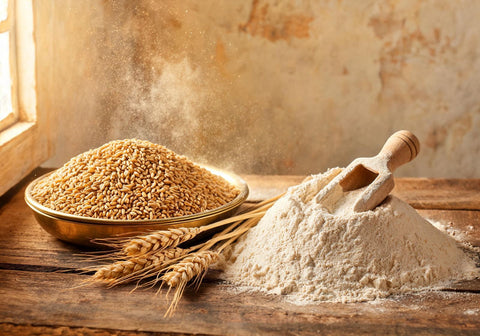 Whole wheat grains in a brass thali beside a mound of freshly milled atta and a wooden scoop in warm window light
