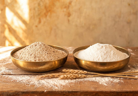 Two brass bowls side by side holding coarse wholewheat atta with visible bran and fine refined white maida, with wheat stalks on a wooden table