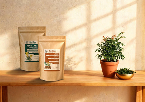 SatRas mustard cake fertiliser and plant growth promoter kraft pouches beside a potted curry leaf plant and a brass bowl of curry leaves