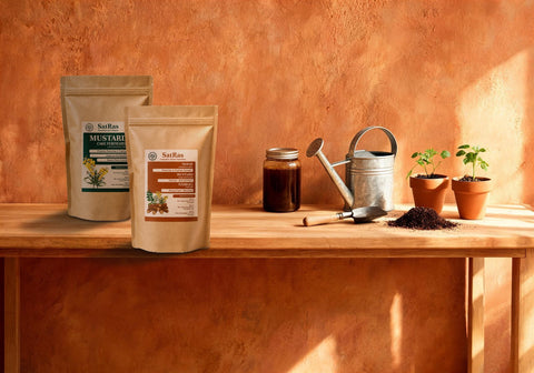 SatRas mustard cake fertiliser and plant growth promoter kraft pouches on a potting bench beside a jar of steeping liquid feed, a watering can and pots of seedlings
