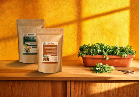 SatRas mustard cake fertiliser and plant growth promoter kraft pouches beside a terracotta trough of coriander and a cut bunch