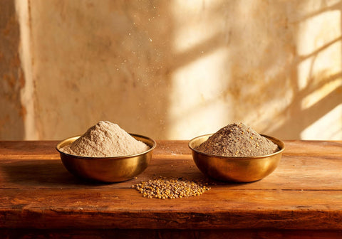 Two brass bowls on a wooden table, one of smooth whole wheat atta and one of coarser multigrain flour flecked with millet and gram