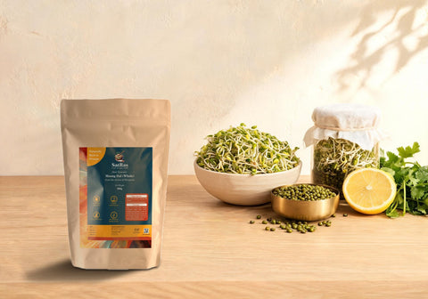 SatRas whole green moong pouch beside a bowl of fresh moong sprouts, dry green moong in a brass katori and a jar of sprouting moong