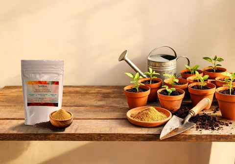 SatRas mustard oil cake powder pouch on a potting bench with terracotta pots, a bowl of sarso khali and a garden trowel