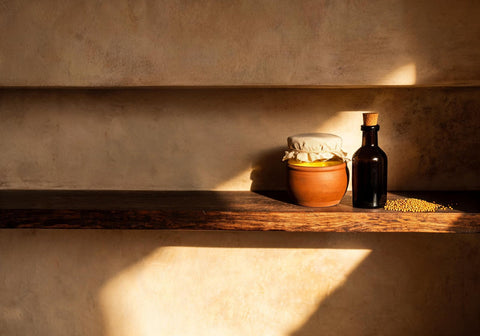Mustard oil stored in a cloth-covered clay pot and a dark glass bottle on a cool wooden kitchen shelf away from direct light