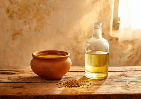 Earthen clay pot of deep golden unrefined mustard oil beside a plain glass bottle of pale refined oil with mustard seeds on a wooden table