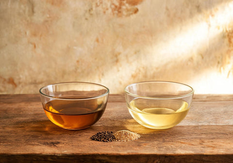 Two glass bowls side by side holding deep golden mustard oil and pale rice bran oil with mustard seeds and rice bran on a wooden table