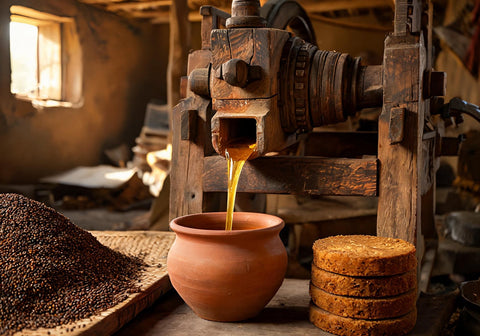 Wooden kolhu press running mustard oil into a clay pot beside a heap of mustard seeds and stacked pressed seed cake