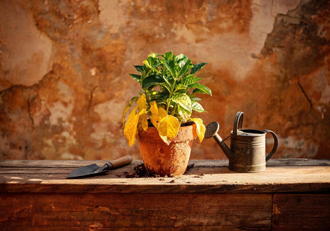 A potted plant showing nitrogen deficiency, the older lower leaves yellowed while new top growth stays green, on a terrace potting bench with a trowel and watering can