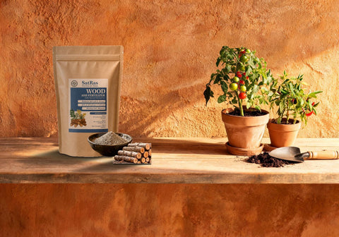 SatRas wood ash fertiliser pouch with a bowl of ash on a terrace bench beside potted tomato and chilli plants
