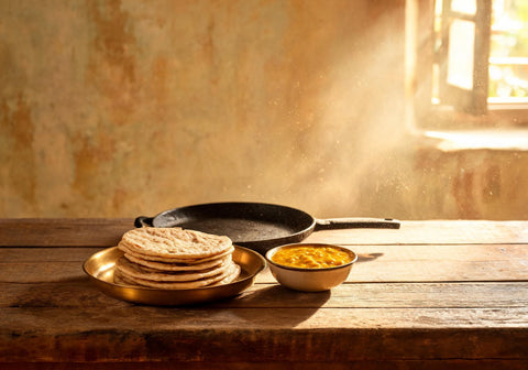 A stack of fresh phulka rotis on a brass thali beside a bowl of dal and a cast iron tawa in a rustic Indian kitchen
