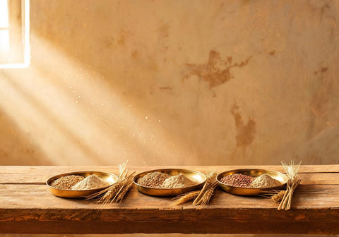 Three brass thalis on a wooden table, each holding a different Indian wheat grain beside its freshly milled atta, with wheat stalks alongside