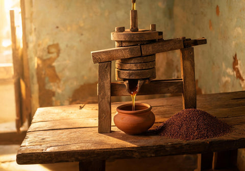 Traditional wooden kolhu press releasing a stream of golden oil into an earthen pot beside a heap of mustard seeds