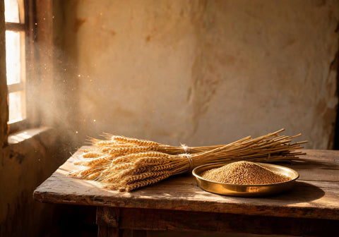 A bound sheaf of ripe wheat ears beside a brass thali heaped with wheat grain on a weathered wooden table in warm window light