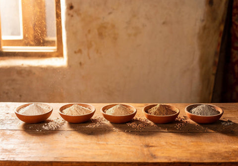 Five clay bowls of different Indian attas in shades from pale wheat to grey millet on a wooden kitchen table