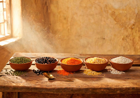 Five clay bowls of Indian dals on a wooden table, whole green moong, black chana, split red masoor, yellow dal and white urad