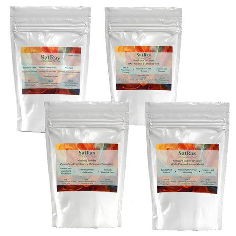 SatRas Plant Care Combo Pack – Growth Promoter + Mustard Cake Powder + Neem Seed Powder + Wood Ash Fertiliser (900g each)