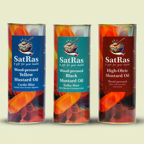 Satras Combo of Wood Pressed Black, Yellow & High Oleic Mustard Oil (3 x 1 Ltr)