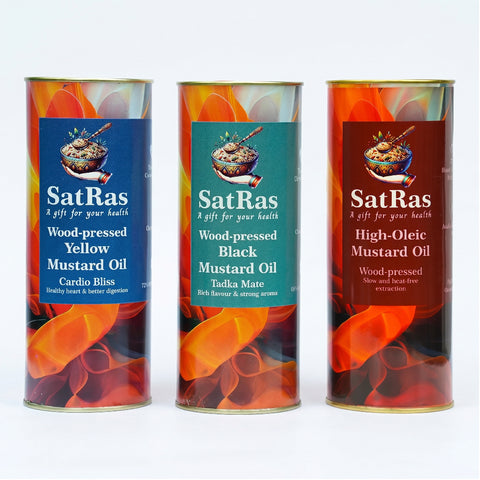 Satras Combo of Wood Pressed Black, Yellow & High Oleic Mustard Oil (3 x 1 Ltr)